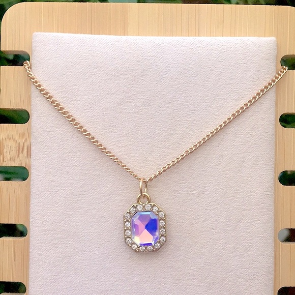 Lilac Aurora Borealis Opal Emerald Crystal Halo Pendant Necklace - Picture 8 of 12